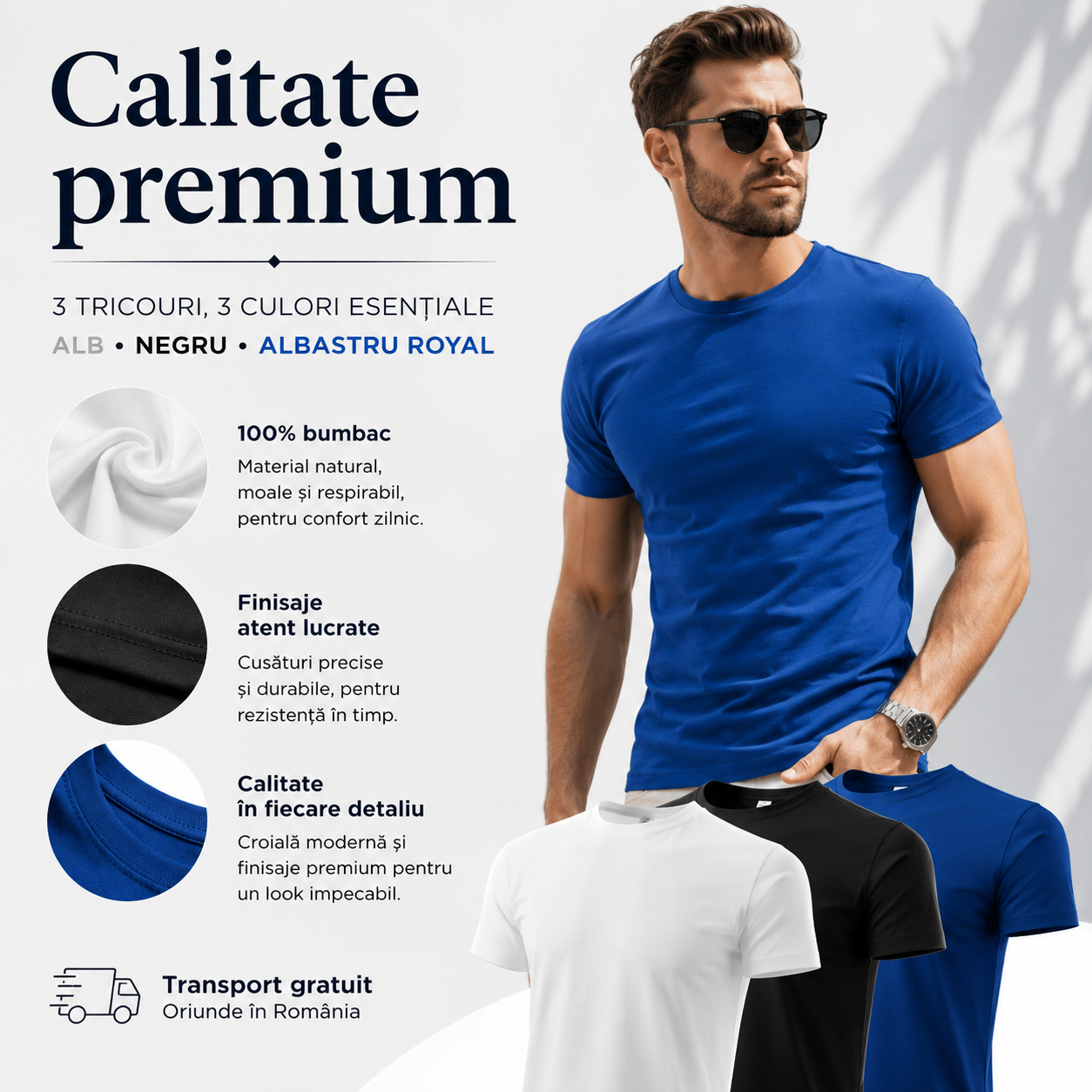Set 3 tricouri bărbați 100% bumbac regular fit alb albastru și negru model 129